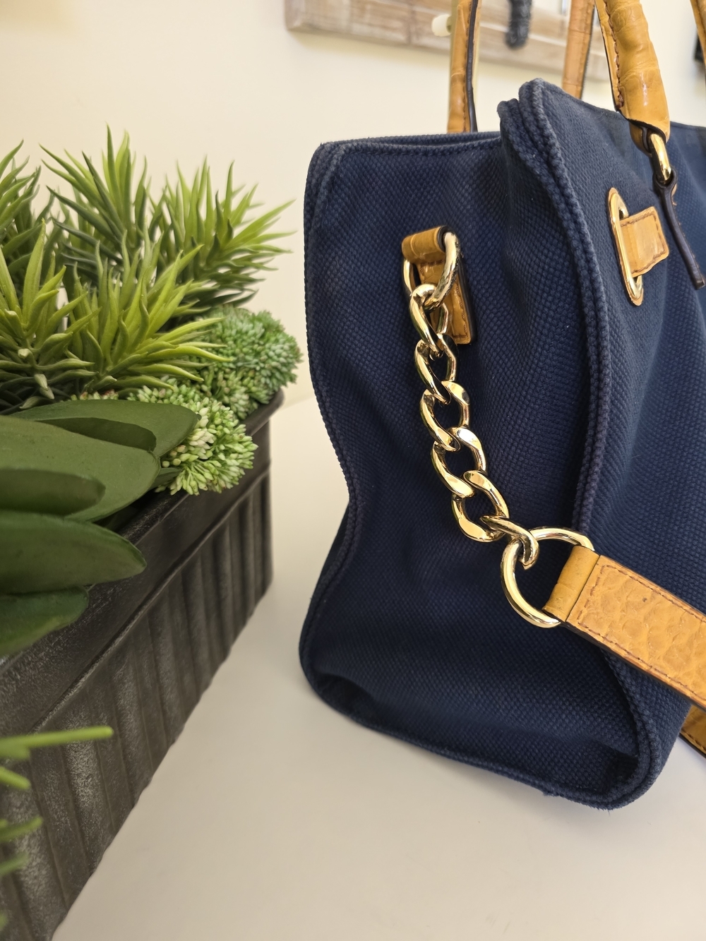 Michael Kors Hamilton East/West Large Tote Navy Canvas Leather Trim Crossbody - Picture 5 of 16